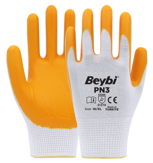 Beybi PN3 Polyester Örme Nitril Eldiven - Sarı
